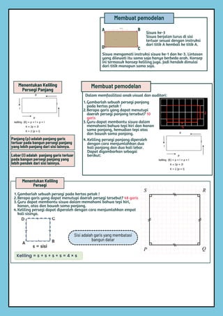 Membuat pemodelan
Siswa ke-3
Siswa berjalan lurus di sisi
terluar sesuai dengan instruksi
dari titik A kembali ke titik A.
Siswa mengamati instruksi siswa ke-1 dan ke-3. Lintasan
yang dilewati itu sama saja hanya berbeda arah. Konsep
ini termasuk konsep keliling juga. Jadi hendak dimulai
dari titik manapun sama saja.
Menentukan Keliling
Persegi Panjang
Panjang (p) adalah panjang garis
terluar pada bangun persegi panjang
yang lebih panjang dari sisi lainnya.
Lebar (l) adalah panjang garis terluar
pada bangun persegi panjang yang
lebih pendek dari sisi lainnya.
1.Gambarlah sebuah persegi panjang
pada kertas petak !
2.Berapa garis yang dapat menutupi
daerah persegi panjang tersebut? 10
garis
3.Guru dapat membantu siswa dalam
memahami bahwa tepi kiri dan kanan
sama panjang, kemudian tepi atas
dan bawah sama panjang.
Membuat pemodelan
Dalam memfasilitasi anak visual dan auditori:
Keliling persegi panjang diperoleh
dengan cara menjumlahkan dua
kali panjang dan dua kali lebar.
Dapat digambarkan sebagai
berikut:
4.
Menentukan Keliling
Persegi
Sisi adalah garis yang membatasi
bangun datar
1.Gambarlah sebuah persegi pada kertas petak !
2.Berapa garis yang dapat menutupi daerah persegi tersebut? 48 garis
3.Guru dapat membantu siswa dalam memahami bahwa tepi kiri,
kanan, atas dan bawah sama panjang.
4.Keliling persegi dapat diperoleh dengan cara menjumlahkan empat
kali sisinya.
 
