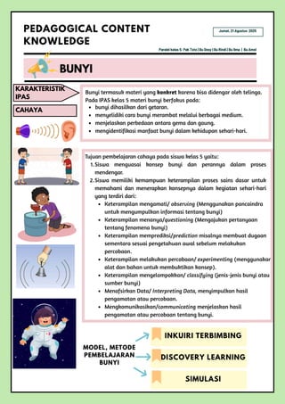 Bunyi termasuk materi yang konkret karena bisa didengar oleh telinga.
Pada IPAS kelas 5 materi bunyi berfokus pada:
Keterampilan mengamati/ observing (Menggunakan pancaindra
untuk mengumpulkan informasi tentang bunyi)
Keterampilan menanya/questioning (Mengajukan pertanyaan
tentang fenomena bunyi)
Keterampilan memprediksi/prediction misalnya membuat dugaan
sementara sesuai pengetahuan awal sebelum melakukan
percobaan.
Keterampilan melakukan percobaan/ experimenting (menggunakan
alat dan bahan untuk membuktikan konsep).
Keterampilan mengelompokkan/ classifying (jenis-jenis bunyi atau
sumber bunyi)
Menafsirkan Data/ Interpreting Data, menyimpulkan hasil
pengamatan atau percobaan.
Mengkomunikasikan/communicating menjelaskan hasil
pengamatan atau percobaan tentang bunyi.
Tujuan pembelajaran cahaya pada siswa kelas 5 yaitu:
1.Siswa menguasai konsep bunyi dan perannya dalam proses
mendengar.
2.Siswa memiliki kemampuan keterampilan proses sains dasar untuk
memahami dan menerapkan konsepnya dalam kegiatan sehari-hari
yang terdiri dari:
MODEL, METODE
PEMBELAJARAN
BUNYI
CAHAYA
BUNYI
PEDAGOGICAL CONTENT
KNOWLEDGE
KARAKTERISTIK
IPAS
Paralel kelas 5: Pak Toto | Bu Desy | Bu Rindi | Bu Ilma | Bu Amel
Jumat, 21 Agustus 2025
bunyi dihasilkan dari getaran.
menyelidiki cara bunyi merambat melalui berbagai medium.
menjelaskan perbedaan antara gema dan gaung.
mengidentifikasi manfaat bunyi dalam kehidupan sehari-hari.
INKUIRI TERBIMBING
DISCOVERY LEARNING
SIMULASI
 