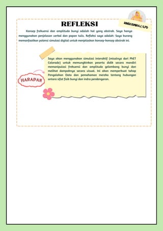 Rindi Ismiraj, S.Pd
Konsep frekuensi dan amplitudo bunyi adalah hal yang abstrak. Saya hanya
menggunakan penjelasan verbal dan papan tulis. Refleksi saya adalah: Saya kurang
memanfaatkan potensi simulasi digital untuk menjelaskan konsep-konsep abstrak ini.
REFLEKSI
Saya akan menggunakan simulasi interaktif (misalnya dari PhET
Colorado) untuk memungkinkan peserta didik secara mandiri
memanipulasi frekuensi dan amplitudo gelombang bunyi dan
melihat dampaknya secara visual. Ini akan memperkuat tahap
Pengolahan Data dan pemahaman mereka tentang hubungan
antara sifat fisik bunyi dan indra pendengaran.
HARAPAN
 