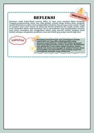 Penerapan model Project-Based Learning (PjBL), di mana siswa membuat Media Kampanye
Tanggung Jawab(misalnya, poster atau video pendek), terbukti sangat berhasil dalam mengatasi
masalah keterbatasan waktu untuk mengidentifikasi kesalahan dan perlunya variasi metode. Proyek
ini memaksa siswa untuk mencari ide pokok dan kalimat pendukung dari sumber mereka sendiri
untuk dimasukkan dalam media kampanye. Hal ini memungkinkan saya mengidentifikasi kesulitan
siswa dalam merangkum dan menggunakan bahasa yang persuasif tentang Tanggung Jawab
Kolektif, sekaligus menyediakan pendekatan visual dan kreatif yang sangat menarik bagi siswa.
REFLEKSI
HARAPAN Peningkatan Dampak Proyek: Agar pembelajaran memiliki
makna lebih luas, saya akan mengintegrasikan tahap
diseminasi yang lebih kuat. Produk akhir (Media Kampanye)
tidak hanya dipresentasikan di kelas, tetapi akan dipublikasikan
atau dipamerkan di area publik sekolah (misalnya, mading
sekolah, hall utama) atau diunggah ke platform internal, untuk
menumbuhkan rasa kepemilikan siswa terhadap proyek dan
meningkatkan kesadaran warga sekolah lain.
Amalia Laila N, S.Pd
 