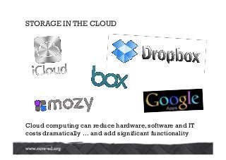 Cloud computing can reduce hardware, software and IT
costs dramatically … and add significant functionality
STORAGE IN THE CLOUD
 