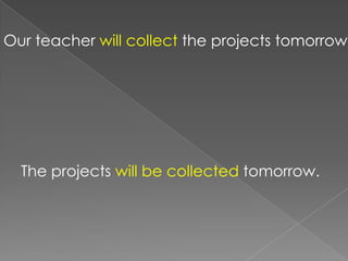 Our teacher will collect the projects tomorrow.




  The projects will be collected tomorrow.
 