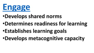 Engage
•Develops shared norms
•Determines readiness for learning
•Establishes learning goals
•Develops metacognitive capacity
 
