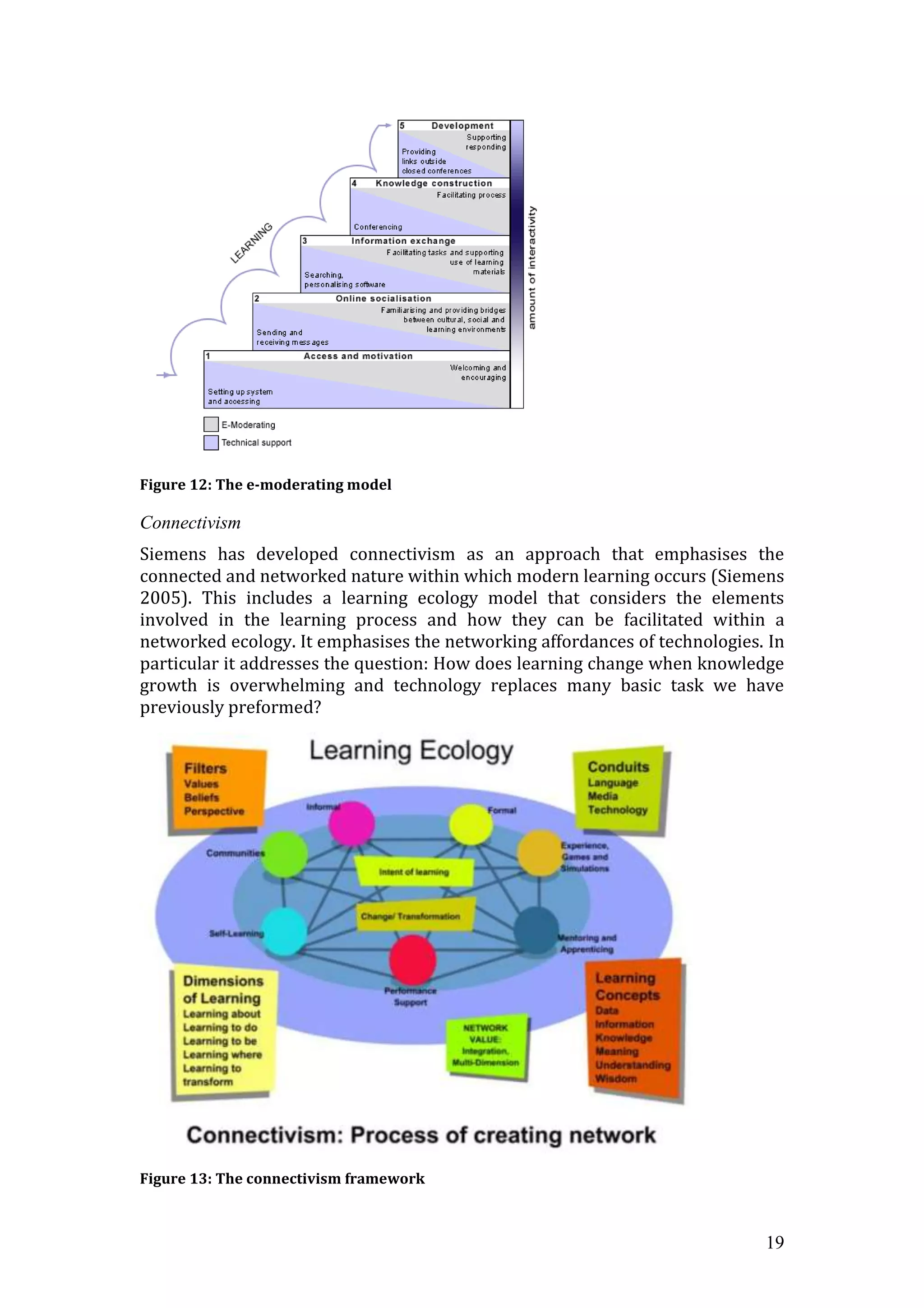 Figure 12: The e-moderating model

Connectivism
Siemens has developed connectivism as an approach that emphasises the
connected and networked nature within which modern learning occurs (Siemens
2005). This includes a learning ecology model that considers the elements
involved in the learning process and how they can be facilitated within a
networked ecology. It emphasises the networking affordances of technologies. In
particular it addresses the question: How does learning change when knowledge
growth is overwhelming and technology replaces many basic task we have
previously preformed?




Figure 13: The connectivism framework



                                                                            19
 