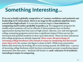 Something Interesting…
If we are to build a globally competitive 21st century workforce and maintain our
leadership in IT innovation, there is no stage in the academic pipeline more
crucial than high school. It is true that students begin to lose interest in
computing much earlier, probably in grades 4-5. Yet engagement programs for
middle school students will not be effective if those students have no further
opportunities during their four years of high school. Likewise, new and reinvigorated
college computing programs cannot have a significant impact if there are too few
interested and qualified students to show up at their doors. There are clear indications
that college programs are already impacted. Since 2000, the percentage of
incoming college freshman who intend to major in computing has decreased
more than 70%; for women, the figure is closer to 80%. While some universities
believe this trend may be leveling off or even turning around, the HERI data – a survey
of incoming college freshman which has been extremely accurate in predicting degree
attainment after four years – declined still further in 2008, with just 1% of students
intending to major in computing.


                                                                                     27
 