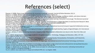 References (select)
Downes, S. (2008). Places to go: Connectivism & connective knowledge. Innovate: Journal of Online Educ...