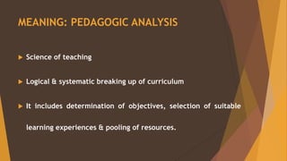 MEANING: PEDAGOGIC ANALYSIS
Science of teaching
Logical & systematic breaking up of curriculum
It includes determination of objectives, selection of suitable
learning experiences & pooling of resources.