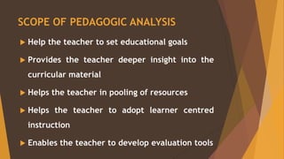 SCOPE OF PEDAGOGIC ANALYSIS
Help the teacher to set educational goals
Provides the teacher deeper insight into the
curricular material
Helps the teacher in pooling of resources
Helps the teacher to adopt learner centred
instruction
Enables the teacher to develop evaluation tools