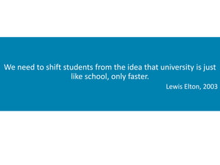 We need to shift students from the idea that university is just
like school, only faster.
Lewis Elton, 2003
 