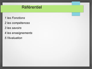 Référentiel 
1 les Fonctions 
2 les compétences 
3 les savoirs 
4 les enseignements 
5 l'évaluation 
 