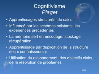 13/57
Cognitivisme
Piaget
● Apprentissages structurés, de calcul
● Influencé par les schémas existants, les
expériences pr...