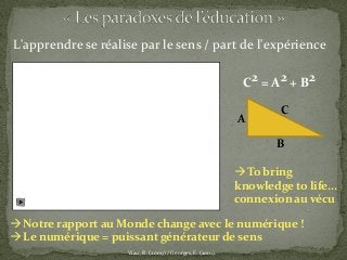 L'apprendre se réalise par le sens / part de l'expérience
C2 = A2 + B2
C
B
A
Viau, R. (2009) / Georges, F. (2010).
To bring
knowledge to life…
connexion au vécu
Notre rapport au Monde change avec le numérique !
Le numérique = puissant générateur de sens
 