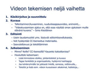 Videon tekemisen neljä vaihetta
1. Käsikirjoitus ja suunnittelu
2. Kuvaus
– Tallentaminen/kuvaaminen, ruudunkaappausvideo, animointi,..
– ”Videokuvaamisen ajatus on, että osaa näyttää oman ajatuksen muille
elävänä kuvana.” – Ismo Kiesiläinen
3. Editointi
– Usein taustamusiikit yms. löytyvät editointisovelluksesta.
– Voit hyödyntää CC-lisensoitua materiaalia.
– Saavutettavuus ja tekstittäminen
4. Julkaiseminen
– Minne? Keille? CC-lisenssillä? Kauanko katsottavissa?
– Houkuttele katsomaan:
• Lisää kiinnostava otsikko, johdantoteksti ja kuvaus
• Tagaa henkilöitä ja organisaatioita, hyödynnä hashtageja
• Jaa kohderyhmälle tai julkisesti linkillä, somessa, nettisivuilla,..
• Tekstitä ja lisää esim. videon kuvaukseen aikaleimat, lisätietoja,..
 