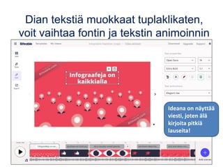 Dian tekstiä muokkaat tuplaklikaten,
voit vaihtaa fontin ja tekstin animoinnin
Ideana on näyttää
viesti, joten älä
kirjoita pitkiä
lauseita!
 
