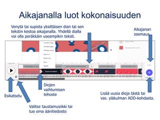 Aikajanalla luot kokonaisuuden
Venytä tai supista yksittäisen dian tai sen
tekstin kestoa aikajanalla. Yhdellä dialla
voi olla peräkkäin useampikin teksti.
Esikatselu
Lisää uusia dioja tästä tai
vas. yläkulman ADD-kohdasta.
Diojen
vaihtumisen
tehoste
Valitse taustamusiikki tai
tuo oma äänitiedosto
Aikajanan
zoomaus
 