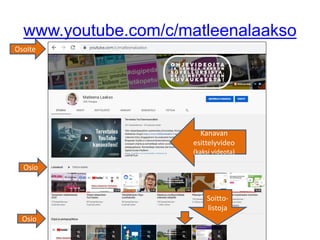 www.youtube.com/c/matleenalaakso
Osio
Osio
Soitto-
listoja
Kanavan
esittelyvideo
(kaksi videota)
Osoite
 