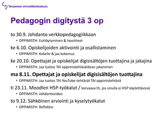 Pedagogin digitystä 3 op
to 30.9. Johdanto verkkopedagogiikkaan
• OPPIMISTH: Esittäytyminen & tavoitteet
ke 6.10. Opiskelijoiden aktivointi ja osallistaminen
• OPPIMISTH: Kokeile & jaa kokemus
ke 20.10. Opettajat ja opiskelijat digisisältöjen tuottajina ja jakajina
• OPPIMISTH: Jaa tuotos TAI oppimistehtäväidean jakaminen
ma 8.11. Opettajat ja opiskelijat digisisältöjen tuottajina
• OPPIMISTH: Jaa tuotos TAI YouTube-tehtävät TAI oppimistehtävä
ti 23.11. Moodlen H5P-työkalut / korvaava th, jos sinulla ei H5P käytettävissä
• OPPIMISTH: Johdantovideo
to 9.12. Sähköinen arviointi ja kyselytyökalut
• OPPIMISTH: Reflektio
 