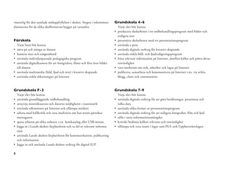 väsentlig för den samlade måluppfyllelsen i skolan. Stegen i rekommen-      Grundskola 4-6
dationerna för de olika skolformerna bygger på varandra.                     Varje elev bör kunna
                                                                             producera skolarbeten i ett ordbehandlingsprogram med bilder och
                                                                             redigera text
Förskola                                                                     presentera skolarbeten med ett presentationsprogram
    Varje barn bör kunna                                                     använda e-post
    sätta på och stänga av datorn                                            använda digitala verktyg för kreativt skapande
    hantera mus och tangentbord                                              använda enkla bild- och ljudredigeringsprogram
    använda individanpassade pedagogiska program                             hitta relevant information på Internet, jämföra källor och pröva deras
    använda digitalkamera för att fotografera, ﬁlma och föra över bilder     trovärdighet
    till datorn                                                              vara medveten om etik, säkerhet och lagar på Internet
    använda multimedia (bild, ljud och text) i kreativt skapande             publicera, samarbeta och kommunicera på Internet t.ex. via wikis,
    använda enkla sökstrategier på Internet                                  blogg, chatt och communities



Grundskola F-3                                                              Grundskola 7-9
    Varje elev bör kunna                                                     Varje elev bör kunna
    använda grundläggande ordbehandling                                      använda digitala verktyg för att göra beräkningar, presentera och
    utnyttja miniräknarens och datorns möjligheter i matematik               tolka data
    använda sökmotorer på Internet och tillämpa netikett                     använda olika former av presentationsprogram
    arbeta med källkritik och vara medveten om hur texter påverkar           använda digitala verktyg för att redigera fotograﬁer, ﬁlm och ljud
    mottagaren                                                               sålla i stora informationsmängder
    spara arbeten på olika enheter, t.ex. hemkatalog eller USB-minne         kritiskt bedöma källors relevans och trovärdighet
    logga in i Lunds skolors lärplattform och ta del av relevant informa-    tillämpa och vara insatt i lagar som PUL och Upphovsrättslagen
    tion
    använda Lunds skolors lärplattform för kommunikation, publicering
    och information
    logga in och använda Lunds skolors verktyg för digital IUP

8
 