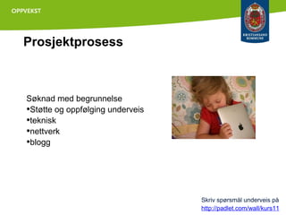 Prosjektprosess

Søknad med begrunnelse
•Støtte og oppfølging underveis
•teknisk
•nettverk
•blogg

Skriv spørsmål underveis på
http://padlet.com/wall/kurs11

 