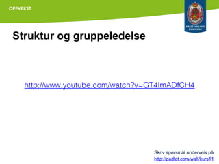 Struktur og gruppeledelse

http://www.youtube.com/watch?v=GT4ImADfCH4

Skriv spørsmål underveis på
http://padlet.com/wall/kurs11

 