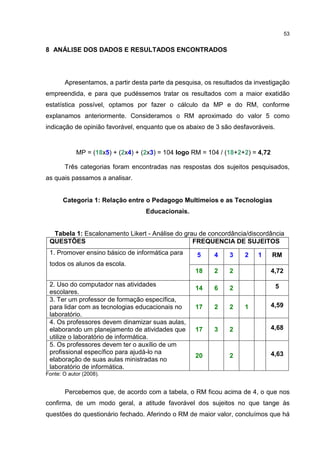 53
8 ANÁLISE DOS DADOS E RESULTADOS ENCONTRADOS
Apresentamos, a partir desta parte da pesquisa, os resultados da investigação
empreendida, e para que pudéssemos tratar os resultados com a maior exatidão
estatística possível, optamos por fazer o cálculo da MP e do RM, conforme
explanamos anteriormente. Consideramos o RM aproximado do valor 5 como
indicação de opinião favorável, enquanto que os abaixo de 3 são desfavoráveis.
MP = (18x5) + (2x4) + (2x3) = 104 logo RM = 104 / (18+2+2) = 4,72
Três categorias foram encontradas nas respostas dos sujeitos pesquisados,
as quais passamos a analisar.
Categoria 1: Relação entre o Pedagogo Multimeios e as Tecnologias
Educacionais.
Tabela 1: Escalonamento Likert - Análise do grau de concordância/discordância
QUESTÕES FREQUENCIA DE SUJEITOS
5 4 3 2 1 RM1. Promover ensino básico de informática para
todos os alunos da escola.
18 2 2 4,72
2. Uso do computador nas atividades
escolares.
14 6 2 5
3. Ter um professor de formação específica,
para lidar com as tecnologias educacionais no
laboratório.
17 2 2 1 4,59
4. Os professores devem dinamizar suas aulas,
elaborando um planejamento de atividades que
utilize o laboratório de informática.
17 3 2 4,68
5. Os professores devem ter o auxílio de um
profissional específico para ajudá-lo na
elaboração de suas aulas ministradas no
laboratório de informática.
20 2 4,63
Fonte: O autor (2008).
Percebemos que, de acordo com a tabela, o RM ficou acima de 4, o que nos
confirma, de um modo geral, a atitude favorável dos sujeitos no que tange às
questões do questionário fechado. Aferindo o RM de maior valor, concluímos que há
 