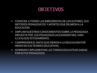 OBJETIVOS

 CONOCER A FONDO LAS BIBIOGRAFIAS DE LOS AUTORES, SUS
  METODOS PEDAGOGICOS Y APORTES QUE DEJARON A LA
  EDUCACION.
 AMPLIAR NUESTROS CONOCIMIENTOS SOBRE LA PEDAGOGIA
  IMPUESTA POR LOS PEDAGOGOS (ALEXANDER NEIL-IVAN
  ILLICH) QUE ESTUDIAREMOS.
 COMPRENDER EL INICIO QUE DIERON A LA EDUCACION POR
  MEDIO DE SUS TEORIAS EDUCATIVAS.
 DOMINAR E IMPLEMENTAR LAS TOERIAS EDUCATIVAS DADAS
  POR ESTOS PEDAGOGOS.
 