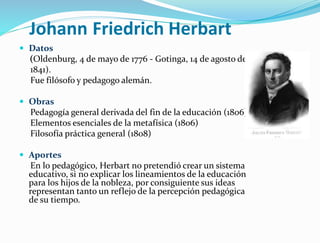  Datos
(Oldenburg, 4 de mayo de 1776 - Gotinga, 14 de agosto de
1841).
Fue filósofo y pedagogo alemán.
 Obras
Pedagogía general derivada del fin de la educación (1806)
Elementos esenciales de la metafísica (1806)
Filosofía práctica general (1808)
 Aportes
En lo pedagógico, Herbart no pretendió crear un sistema
educativo, si no explicar los lineamientos de la educación
para los hijos de la nobleza, por consiguiente sus ideas
representan tanto un reflejo de la percepción pedagógica
de su tiempo.
Johann Friedrich Herbart
 