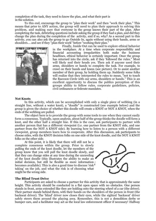 completion of the task, they need to know the plan, and what their part is
in the solution.
        To this end, encourage the group to "plan their work" and then "work their plan." This
means that prior to ANY action, the group will need to plan their approach to solving this
problem, and making sure that everyone in the group knows their part of the plan. After
completing the task, debriefing questions include asking the group if they had a plan, and did they
change the plan during the completion of the activity, and if so, why? As a second part to this
activity, you can also ask the group to go Outside In, again without using their hands, arms or
shoulders.... and see if they "plan their work" before "working their plan."
                                        Finally, Inside Out can be used to explore ethical behavior
                                in the workplace. At a time when corporate responsibility and
                                financial accounting irregularities both make the business
                                headlines, ethical behavior is certainly important. Once the group
                                has returned into the circle, ask if they 'followed the rules." Most
                                will likely nod their heads yes. Then ask if anyone used their
                                arms, shoulders or hands to complete the task. For example, to
                                crawl on their hands and knees (see picture). Or to assist another
                                member of their group, by holding them up. Suddenly some folks
                                will realize that they interpreted the rules to mean, "not to touch
                                the Raccoon Circle with our arms, shoulders or hands." This is an
                                excellent opportunity to discuss the publics perception of this
                                groups ability to follow rules, corporate guidelines, policies,
                                civil ordinances or federate mandates.


Not Knots
        In this activity, which can be accomplished with only a single piece of webbing (in a
straight line, without a water knot), a "doodle" is constructed (see example below) and the
group is given the choice of whether this doodle will create a KNOT or NOT A KNOT, when the
ends of the webbing are pulled.
        The object here is to provide the group with some tools to use when they cannot easily
form a consensus. Typically, upon analysis, about half of the group thinks the doodle will form a
knot, and the other half a straight line. If this is the case, ask participants to partner with
another person that has a different viewpoint (i.e. one partner from the KNOT side, and one
partner from the NOT A KNOT side). By learning how to listen to a person with a different
viewpoint, group members learn how to cooperate. After this discussion, ask participants to
choose sides, with the KNOT decision folks on one side of the knot doodle, and the NOT A KNOT
folks on the other side.
        At this point, it is likely that there will still not be a
complete consensus within the group. Prior to slowly
pulling the ends of the knot doodle, let the members of the
group know that you will pull the knot doodle slowly, and
that they can change sides at any time during the unraveling
of the knot doodle (this illustrates the ability to make an
initial decision, but still be flexible as more information
becomes available). This is also a good time to discuss 'risk
taking' on the job, and what the risk is of choosing what
might be the wrong side.

The Blind Trust Drive
        Participants are asked to choose a partner for this activity that is approximately the same
height. This activity should be conducted in a flat open space with no obstacles. One person
stands in front, arms extended like they are holding onto the steering wheel of a car (the driver).
Their partner stands behind them, with their hands on the shoulders of the person in front (the
backseat driver). The 'blind' driver now closes their eyes, while the sighted 'backseat' driver
safely steers them around the playing area. Remember, this is not a demolition derby or
bumper cars, and a facilitator may act as the local law enforcement officer if necessary! Halfway
 