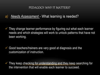 PEDAGOGY-WHY IT MATTERS? 
a) Needs Assessment - What learning is needed? 
 They change learner performance by figuring out what each learner 
needs and which strategies will work to unlock patterns that have not 
been working. 
 Good teachers/trainers are very good at diagnosis and the 
customization of instruction. 
 They keep checking for understanding and they keep searching for 
the intervention that will enable each learner to succeed. 
 