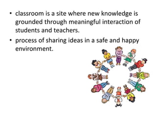• classroom is a site where new knowledge is
grounded through meaningful interaction of
students and teachers.
• process of sharing ideas in a safe and happy
environment.
 