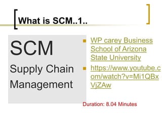 What is SCM..1..
SCM
Supply Chain
Management
 WP carey Business
School of Arizona
State University
 https://www.youtube.c
om/watch?v=Mi1QBx
VjZAw
Duration: 8.04 Minutes
 
