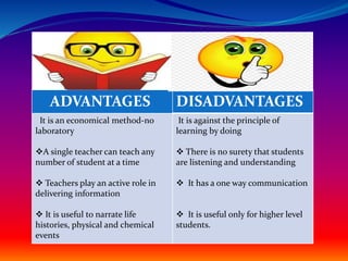 ADVANTAGES DISADVANTAGES
It is an economical method-no
laboratory
A single teacher can teach any
number of student at a time
 Teachers play an active role in
delivering information
 It is useful to narrate life
histories, physical and chemical
events
It is against the principle of
learning by doing
 There is no surety that students
are listening and understanding
 It has a one way communication
 It is useful only for higher level
students.
 