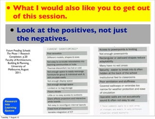• What I would also like you to get out
             of this session.

         • Look at the positives, not just
                 the negatives.
      Future Prooﬁng Schools:
       The Phase 1 Research
         Compilation. p.20
     Faculty of Architecture,
        Building & Planning,
           University of
        Melbourne, August
               2011.




Tuesday, 7 August 12
 