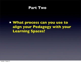 Part Two



                  • What process can you use to
                       align your Pedagogy with your
                       Learning Spaces?




Tuesday, 7 August 12
 