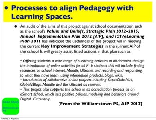 • Processes to align Pedagogy with
           Learning Spaces.
            • An audit of the aims of this project against school documentation such
                       as the school’s Values and Beliefs, Strategic Plan 2012-2015,
                       Annual Implementation Plan 2012 [AIP], and ICT/eLearning
                       Plan 2011 has indicated the usefulness of this project will in meeting
                       the current Key Improvement Strategies in the current AIP of
                       the school. It will greatly assist listed actions in that plan such as

                       • Offering students a wide range of eLearning activities in all domains through
                       the introduction of online activities for all P- 6 students this will include ﬁnding
                       resources on school intranet, Moodle, Ultranet and recording and responding
                       to what they have learnt using information products, blogs, wikis.
                       • Introduction of collaborative online projects including SuperClubsPlus,
                       Global2Blogs, Moodle and the Ultranet as relevant.
                       • This project also supports the school in its accreditation process as an
                       eSmart school, which sets positive policies, modeling and behaviors around
                       Digital Citizenship.
                                                [From the Williamstown PS, AIP 2012]


Tuesday, 7 August 12
 