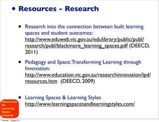 • Resources - Research
                  •    Research into the connection between built learning
                       spaces and student outcomes:
                       http://www.eduweb.vic.gov.au/edulibrary/public/publ/
                       research/publ/blackmore_learning_spaces.pdf (DEECD,
                       2011)

                  •    Pedagogy and Space: Transforming Learning through
                       Innovation:
                       http://www.education.vic.gov.au/researchinnovation/lpd/
                       resources.htm  (DEECD, 2009)


                  •    Learning Spaces & Learning Styles
                       http://www.learningspacesandlearningstyles.com/

Tuesday, 7 August 12
 