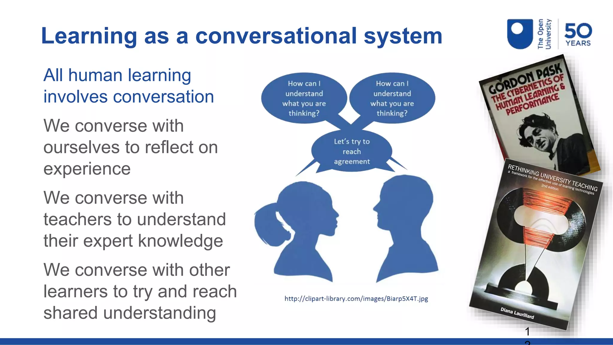 All human learning
involves conversation
We converse with
ourselves to reflect on
experience
We converse with
teachers to understand
their expert knowledge
We converse with other
learners to try and reach
shared understanding
1
Learning as a conversational system
 