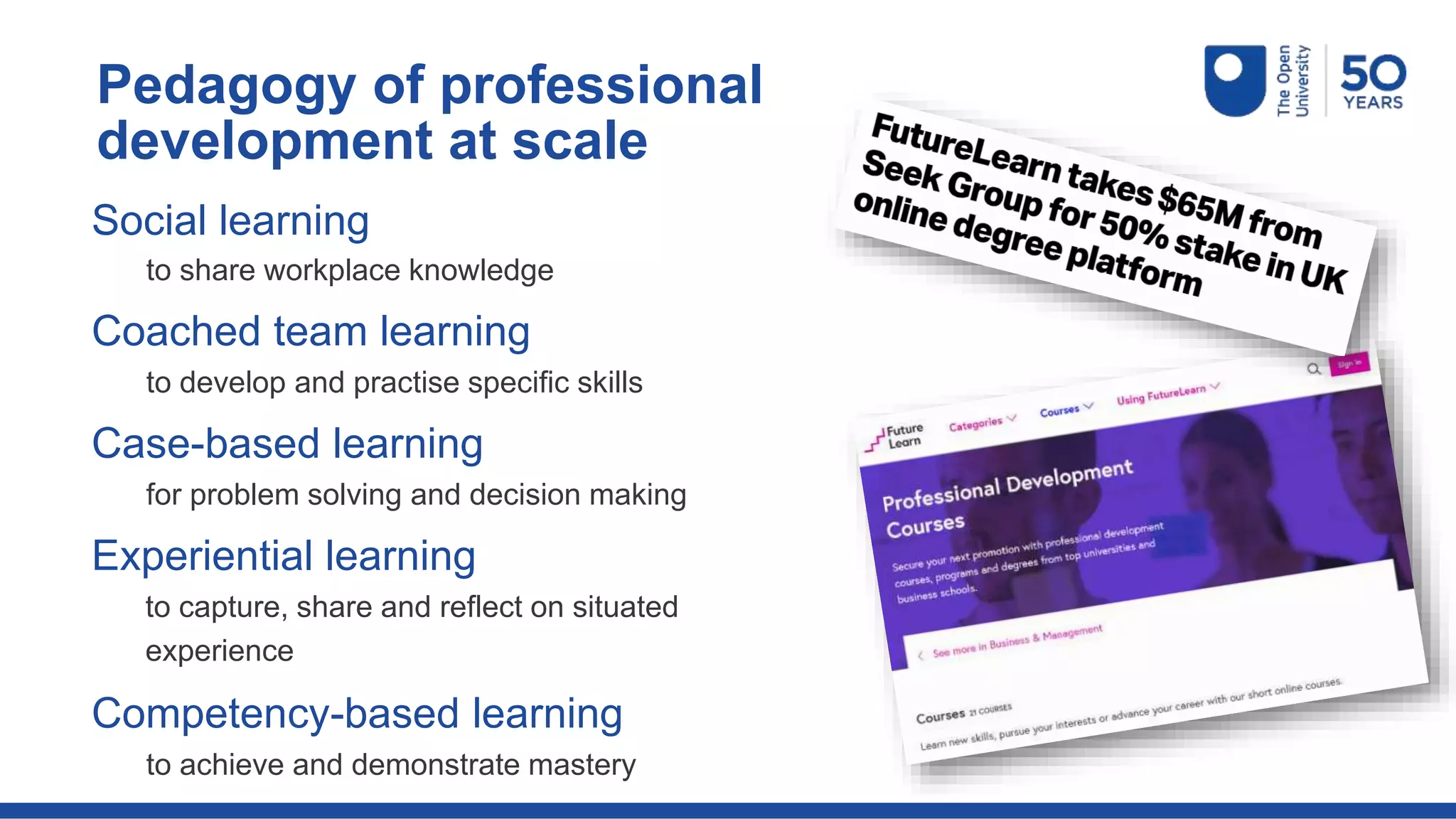 Pedagogy of professional
development at scale
Social learning
to share workplace knowledge
Coached team learning
to develop and practise specific skills
Case-based learning
for problem solving and decision making
Experiential learning
to capture, share and reflect on situated
experience
Competency-based learning
to achieve and demonstrate mastery
 