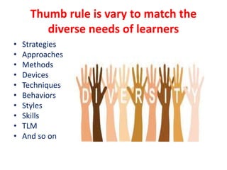 Thumb rule is vary to match the
diverse needs of learners
• Strategies
• Approaches
• Methods
• Devices
• Techniques
• Behaviors
• Styles
• Skills
• TLM
• And so on
 