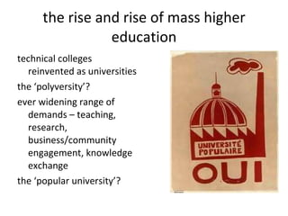 the rise and rise of mass higher education technical colleges reinvented as universities the ‘polyversity’? ever widening range of demands – teaching, research, business/community engagement, knowledge exchange the ‘popular university’? 