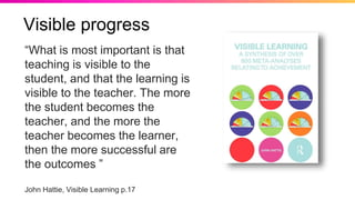 Visible progress
“What is most important is that
teaching is visible to the
student, and that the learning is
visible to the teacher. The more
the student becomes the
teacher, and the more the
teacher becomes the learner,
then the more successful are
the outcomes ”
John Hattie, Visible Learning p.17
 