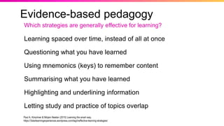 Evidence-based pedagogy
Learning spaced over time, instead of all at once
Questioning what you have learned
Using mnemonics (keys) to remember content
Summarising what you have learned
Highlighting and underlining information
Letting study and practice of topics overlap
Which strategies are generally effective for learning?
Paul A. Kirschner & Mirjam Neelan (2015) Learning the smart way.
https://3starlearningexperiences.wordpress.com/tag/ineffective-learning-strategies/
 