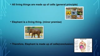 • All living things are made up of cells (general principle)
• Elephant is a living thing. (minor premise)
• Therefore, El...