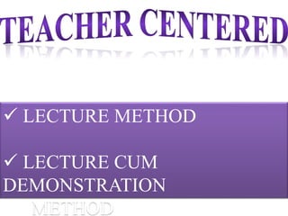  LECTURE METHOD
LECTURE CUM
DEMONSTRATION
METHOD