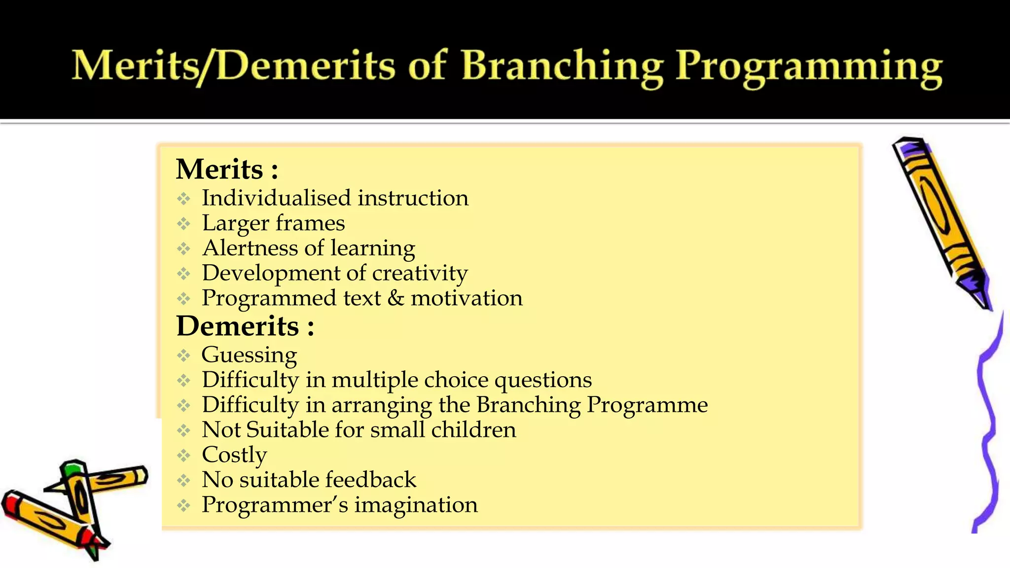 Merits :
 Individualised instruction
 Larger frames
 Alertness of learning
 Development of creativity
 Programmed text & motivation
Demerits :
 Guessing
 Difficulty in multiple choice questions
 Difficulty in arranging the Branching Programme
 Not Suitable for small children
 Costly
 No suitable feedback
 Programmer’s imagination
 