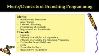 Merits :
 Individualised instruction
 Larger frames
 Alertness of learning
 Development of creativity
 Programmed text & motivation
Demerits :
 Guessing
 Difficulty in multiple choice questions
 Difficulty in arranging the Branching Programme
 Not Suitable for small children
 Costly
 No suitable feedback
 Programmer’s imagination
 