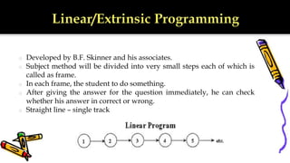 o Developed by B.F. Skinner and his associates.
o Subject method will be divided into very small steps each of which is
called as frame.
o In each frame, the student to do something.
o After giving the answer for the question immediately, he can check
whether his answer in correct or wrong.
o Straight line – single track
 