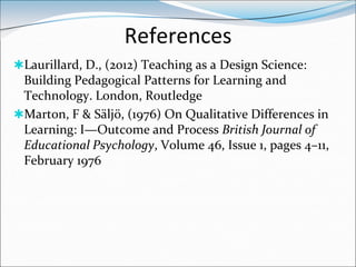 References
Laurillard, D., (2012) Teaching as a Design Science:
 Building Pedagogical Patterns for Learning and
 Technology. London, Routledge
Marton, F & Säljö, (1976) On Qualitative Differences in
 Learning: I—Outcome and Process British Journal of
 Educational Psychology, Volume 46, Issue 1, pages 4–11,
 February 1976
 