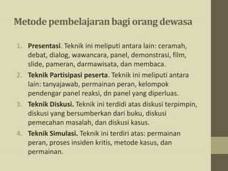 Metodepembelajaranbagi orangdewasa
1. Presentasi. Teknik ini meliputi antara lain: ceramah,
debat, dialog, wawancara, panel, demonstrasi, film,
slide, pameran, darmawisata, dan membaca.
2. Teknik Partisipasi peserta. Teknik ini meliputi antara
lain: tanyajawab, permainan peran, kelompok
pendengar panel reaksi, dn panel yang diperluas.
3. Teknik Diskusi. Teknik ini terdidi atas diskusi terpimpin,
diskusi yang bersumberkan dari buku, diskusi
pemecahan masalah, dan diskusi kasus.
4. Teknik Simulasi. Teknik ini terdiri atas: permainan
peran, proses insiden kritis, metode kasus, dan
permainan.
 