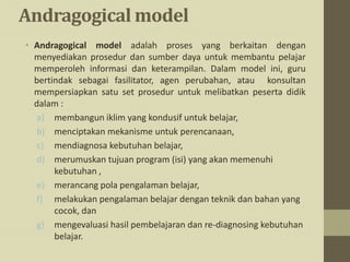 Andragogical model
• Andragogical model adalah proses yang berkaitan dengan
menyediakan prosedur dan sumber daya untuk membantu pelajar
memperoleh informasi dan keterampilan. Dalam model ini, guru
bertindak sebagai fasilitator, agen perubahan, atau konsultan
mempersiapkan satu set prosedur untuk melibatkan peserta didik
dalam :
a) membangun iklim yang kondusif untuk belajar,
b) menciptakan mekanisme untuk perencanaan,
c) mendiagnosa kebutuhan belajar,
d) merumuskan tujuan program (isi) yang akan memenuhi
kebutuhan ,
e) merancang pola pengalaman belajar,
f) melakukan pengalaman belajar dengan teknik dan bahan yang
cocok, dan
g) mengevaluasi hasil pembelajaran dan re-diagnosing kebutuhan
belajar.
 